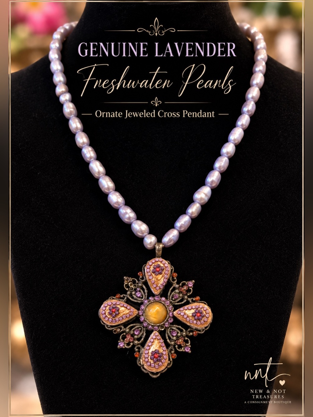 Vintage Genuine Lavender Freshwater Pearl Necklace Jeweled Cross Pendant